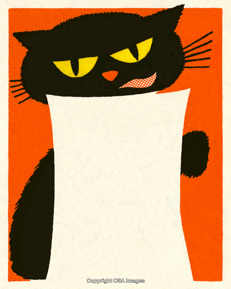 Playful Black Cat Illustration With an Orange Background and Paper