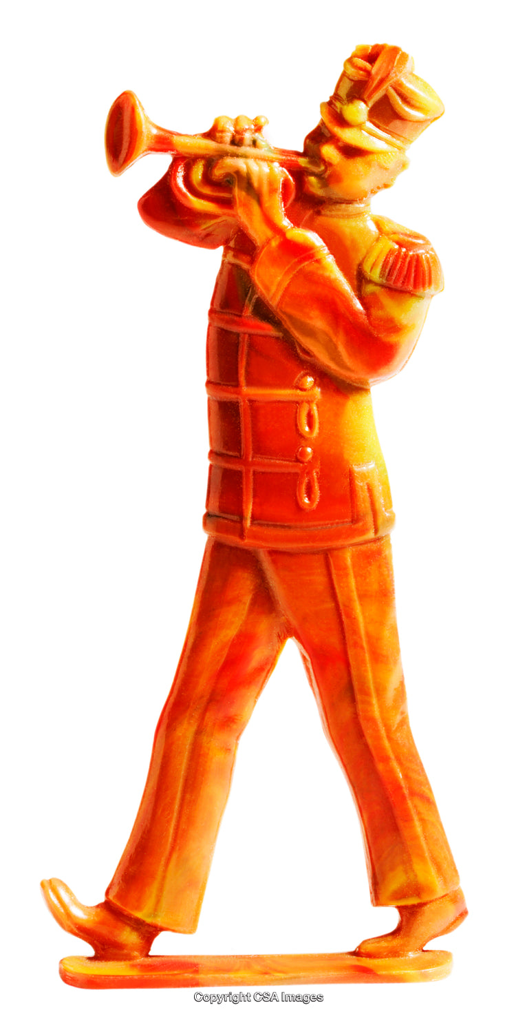 Vintage Style Plastic Toy Figure in Marching Band Uniform Playing Trumpet