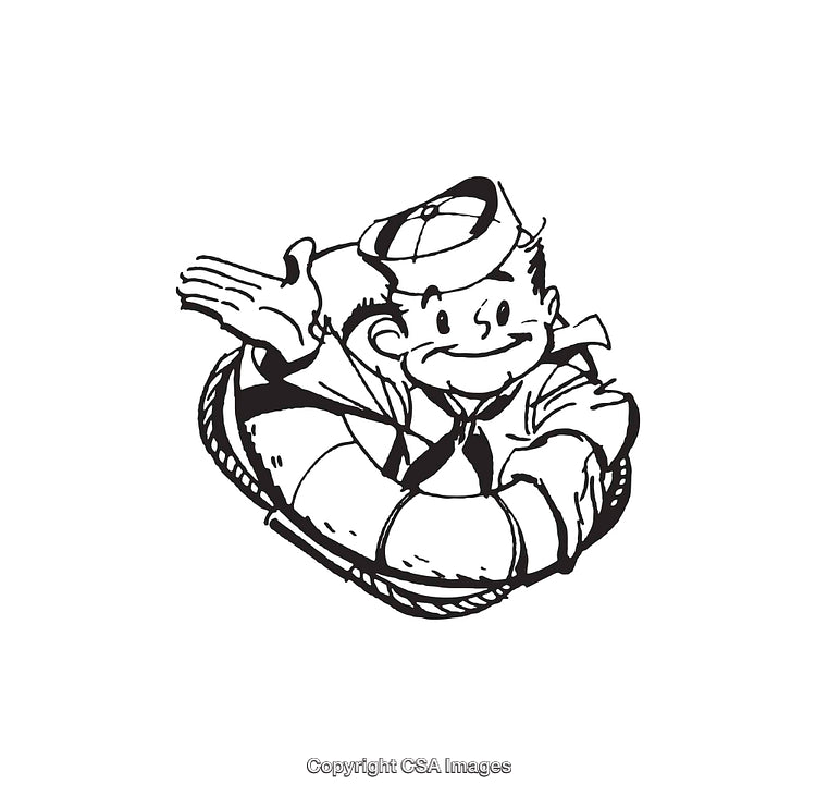 Cartoon Sailor Surrounded by Lifebuoy in Black and White Sketch