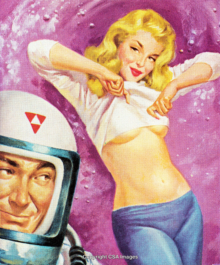 Retro Sci-Fi Illustration Featuring Astronaut and Playful Expression of Futuristic Fantasy
