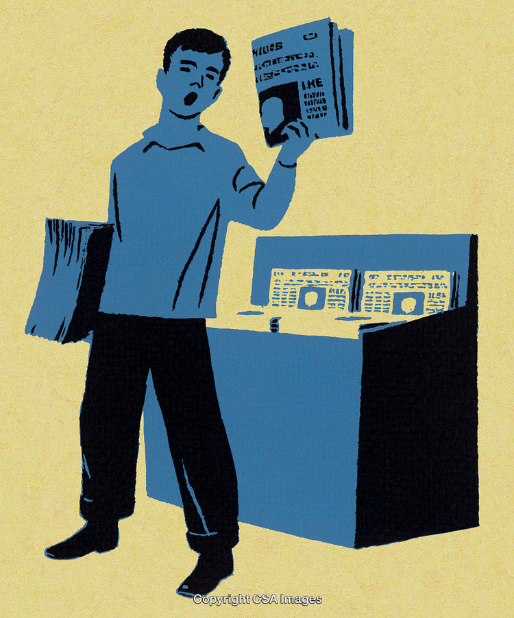 Vintage Illustration of a Newsboy Selling Newspapers on the Street Corner