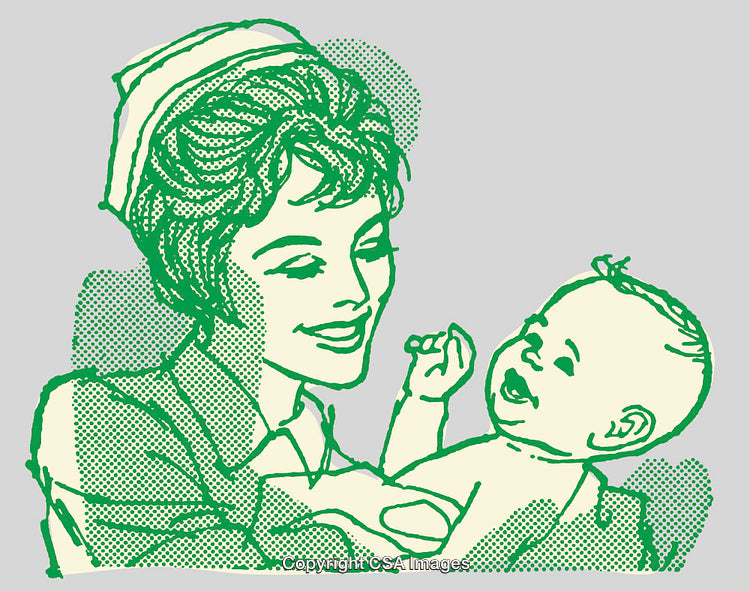 Nurse Caring for a Happy Baby in Line Art Illustration Style