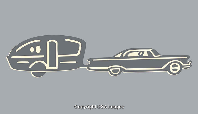 Vintage Car Towing a Camper Trailer in Retro Style Line Art