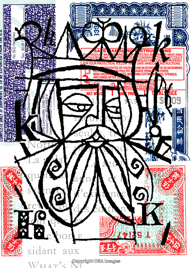 Abstract Collage With Engraved Face and Stamp Elements