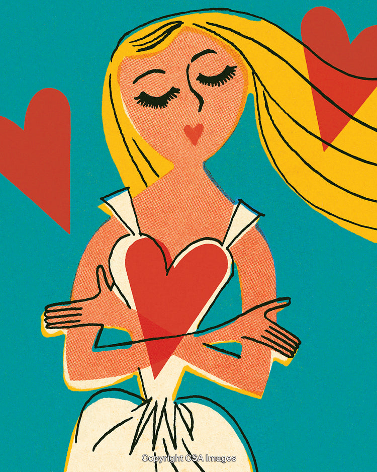Stylized Illustration of a Woman Embracing Love with Red Hearts and Calm Expression
