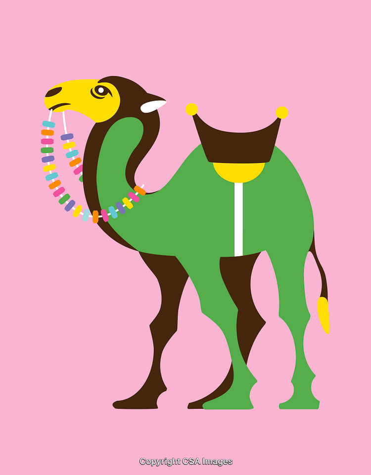 Illustration of a Camel Decorated With Beads on a Pink Background