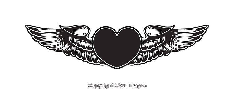 Winged Heart Black and White Line Art Illustration on White Background