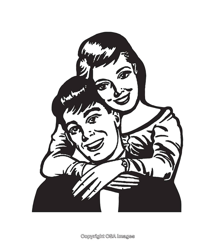 Retro Style Black and White Illustration of a Smiling Couple Embracing