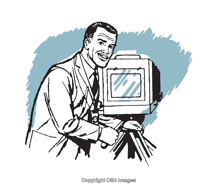 Retro Illustration of a Man Operating a Vintage Camera on a Tripod