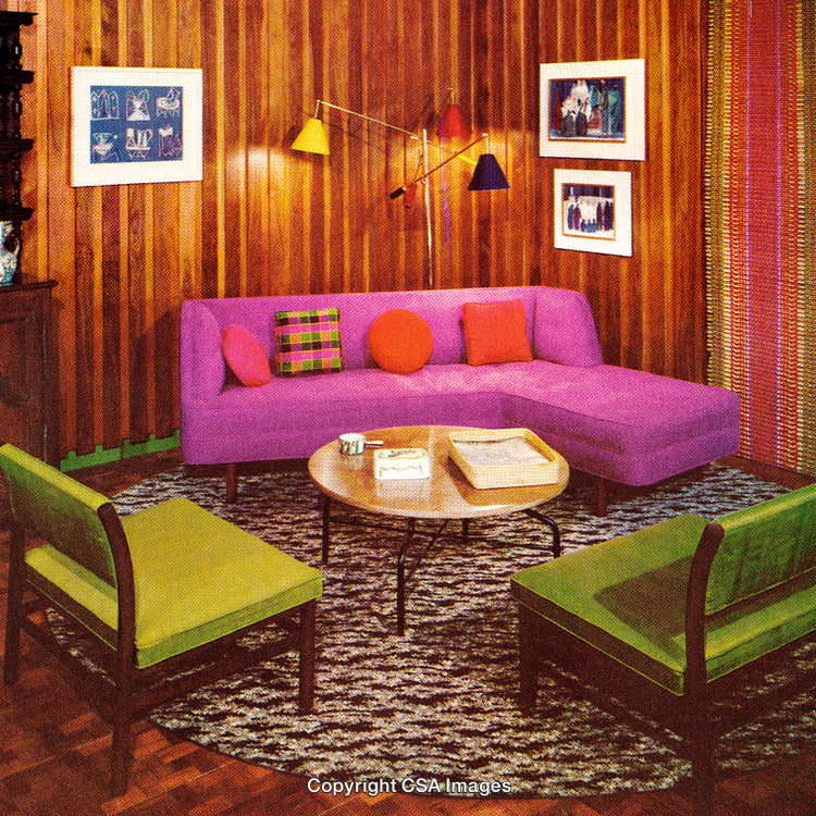 Mid-Century Modern Living Room with Vibrant Furniture and Bold Patterns