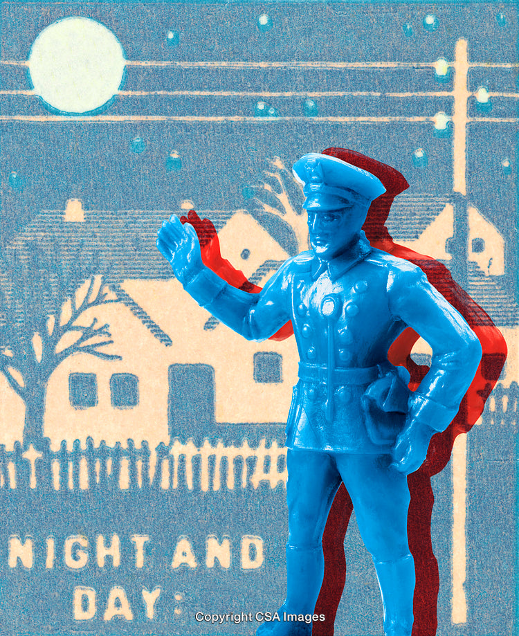 Blue Plastic Toy Soldier Against a Vintage Night Scene Background