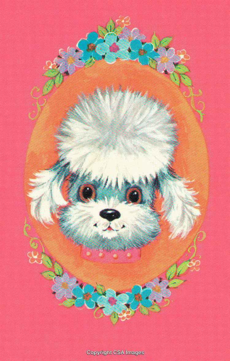 Vintage Illustration of a Cute Puppy in a Floral Oval on Pink Background