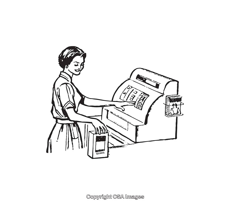 Vintage Illustration of a Female Cashier Using a Retro Cash Register