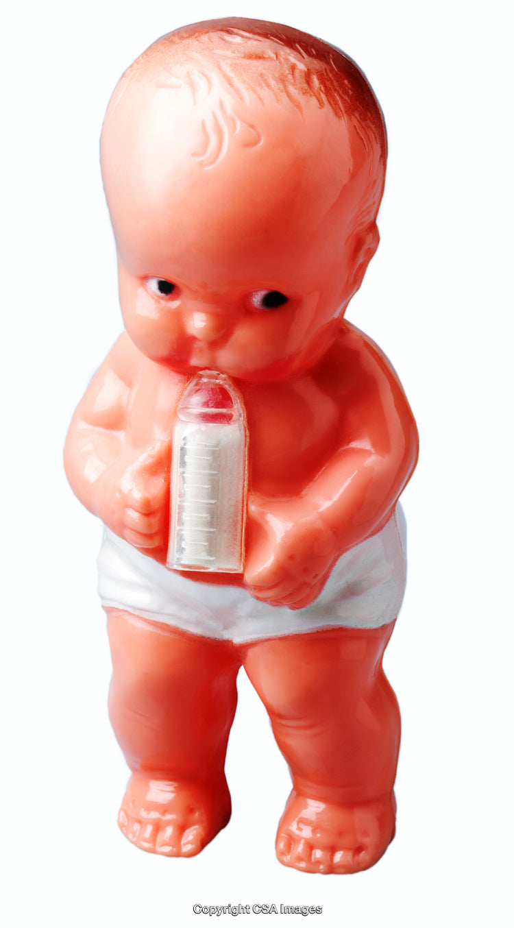 Plastic Baby Figurine with Baby Bottle in Diaper Standing Alone
