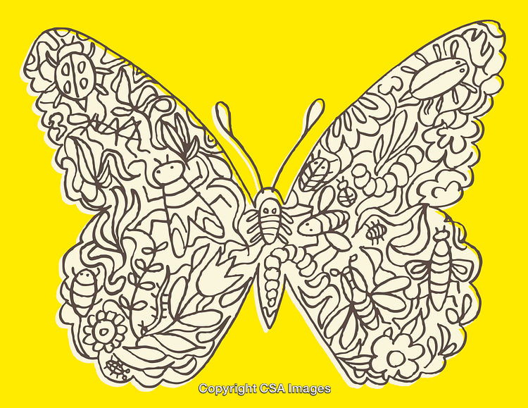 Intricate Butterfly Made of Doodled Insects on Bright Yellow Background