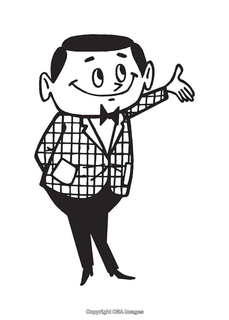Cheerful Cartoon Character Pointing and Smiling in Line Art Style