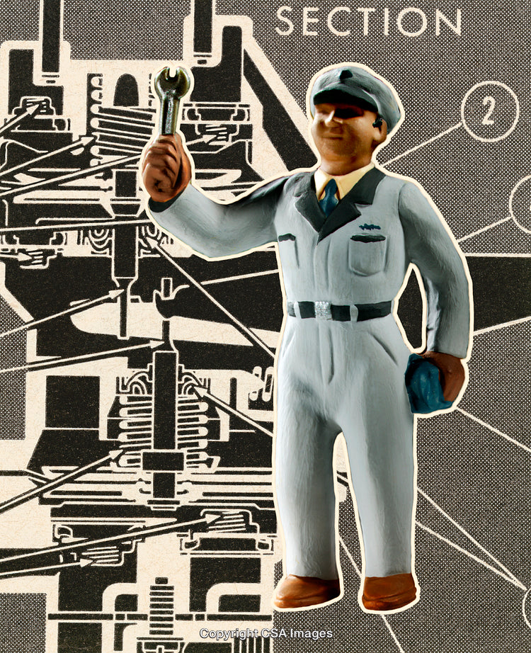 Plastic Repairman Toy with Wrench on Industrial Design Background