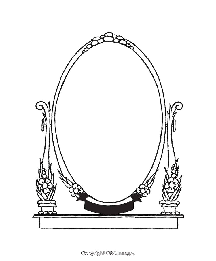 Elegant Black and White Ornamental Mirror Frame Line Art Illustration