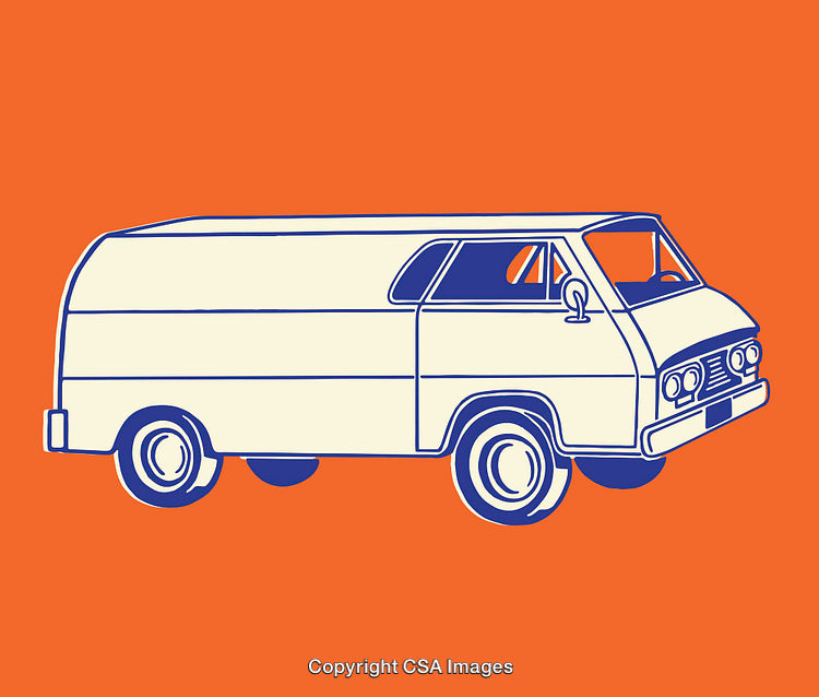 Retro Van Line Art Illustration Against an Orange Background