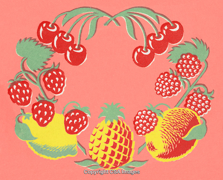 Bright Fruit Illustration Featuring Pineapple, Cherries, Peaches, and Strawberries