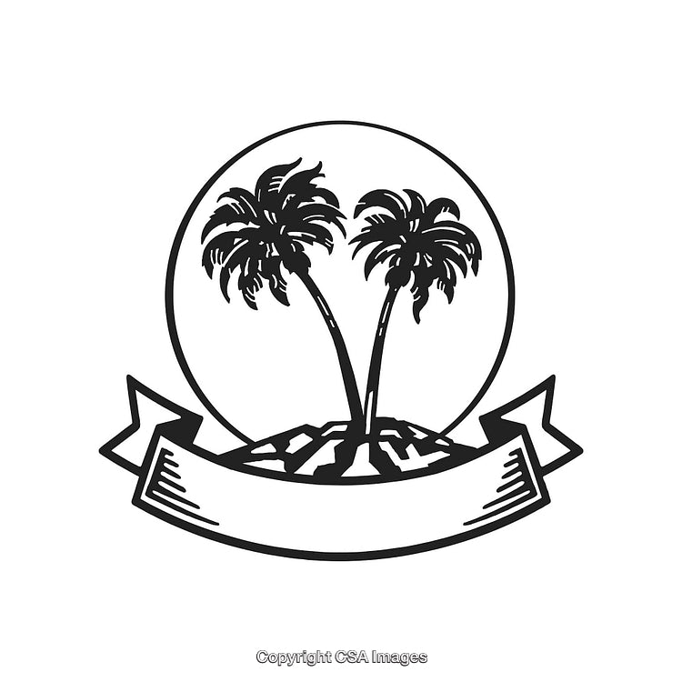 Minimalist Black and White Tropical Emblem With Palm Trees and Ribbon