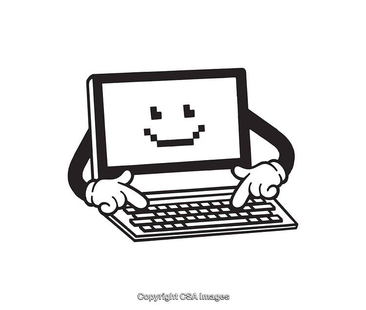 Black and White Line Art of Smiling Computer Character Using a Keyboard