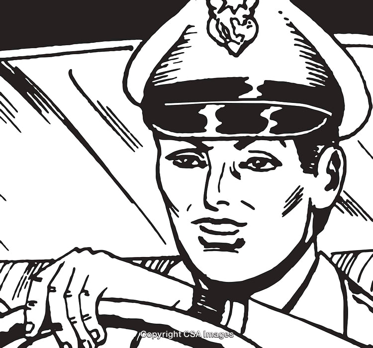 Black and White Illustration of a Smiling Pilot Driving a Vehicle