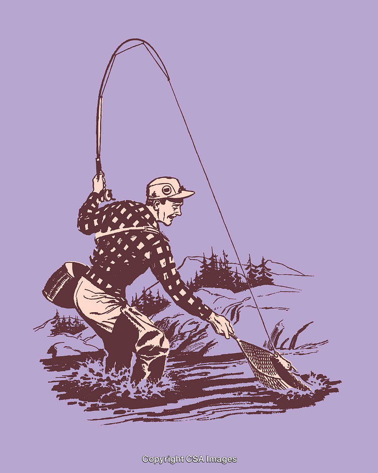 Man Fly Fishing in a River in Vintage Style Line Illustration