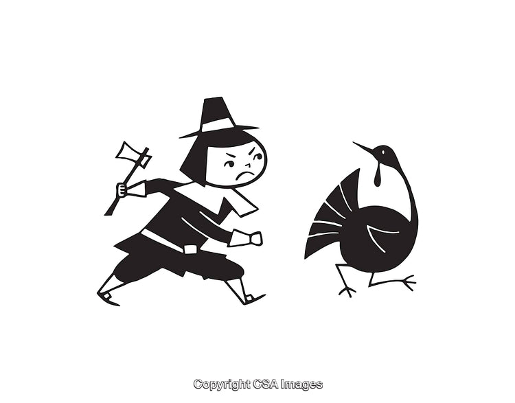 Black and White Line Art of Pilgrim Chasing Turkey Illustration