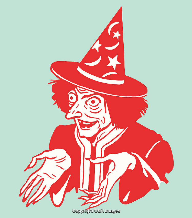 Red and Aquamarine Line Art Illustration of a Wizard in a Hat