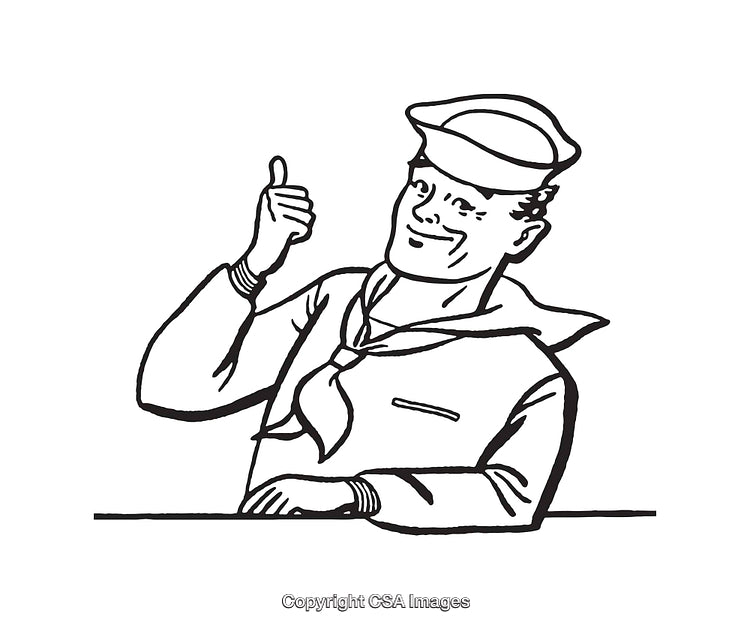 Vintage Line Illustration of a Sailor Giving a Thumbs-Up Gesture