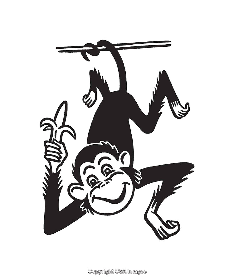 Monkey Hanging on a Branch Holding a Banana in Line Art Style