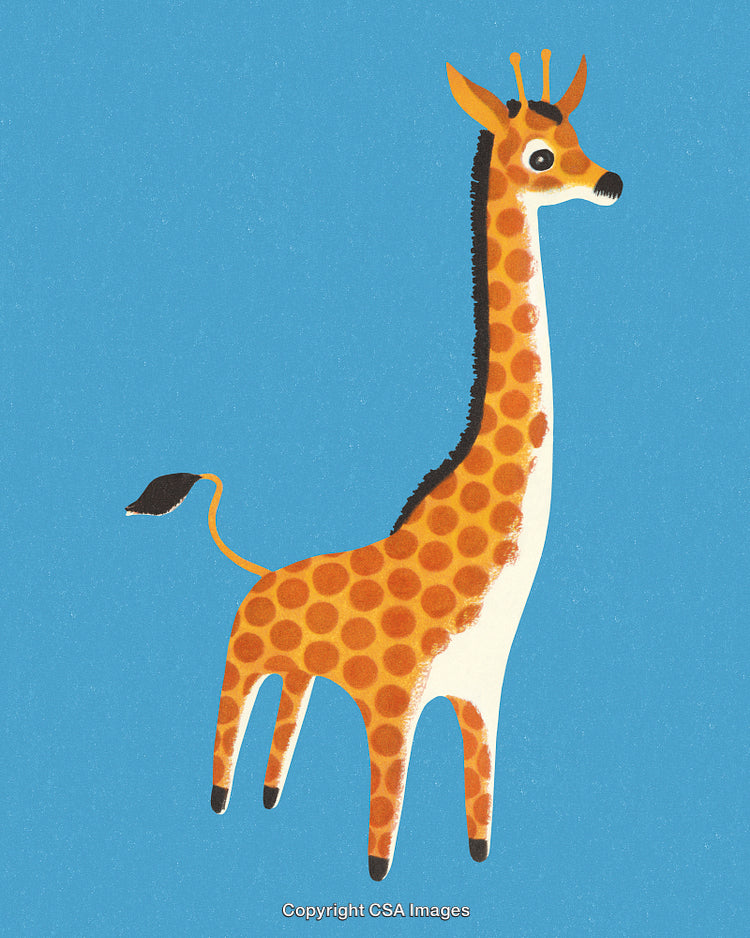 Cute Illustration of a Friendly Cartoon Giraffe on a Bright Blue Background