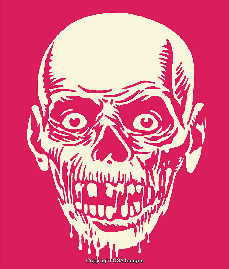 Surreal Skull Illustration in Vibrant Pink and White Contrast