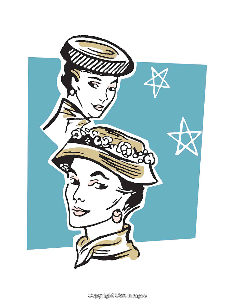 Vintage Illustration of Women in Elegant Hats on Blue Background