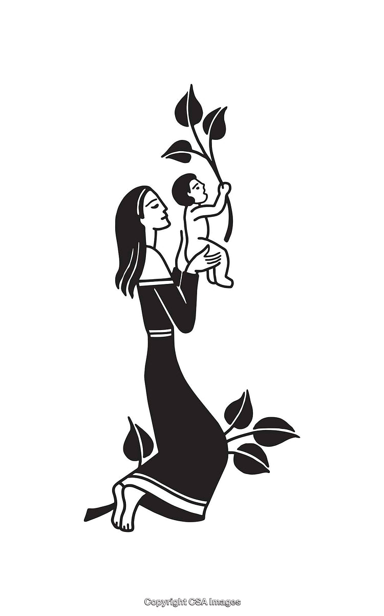 Mother and Child Black and White Line Art with Leaf Elements