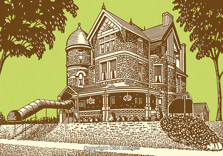 Vintage Illustration of a Victorian Mansion with Unique Architectural Details