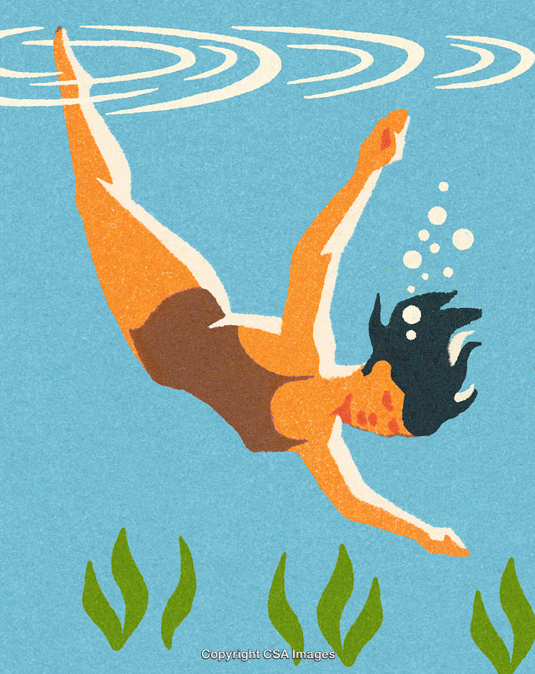 Illustration of a Diver in a Serene Underwater Scene with Aquatic Plants