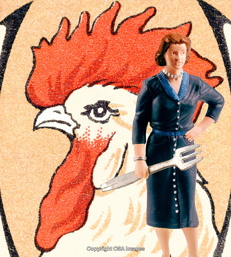 Vintage Style Toy Figure of Woman with Fork and Chicken Illustration