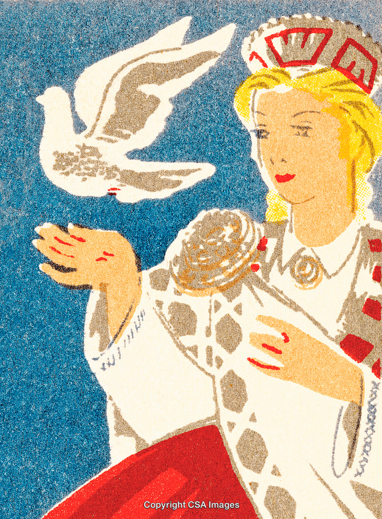 Elegant Woman in Traditional Attire with a White Dove on Her Hand
