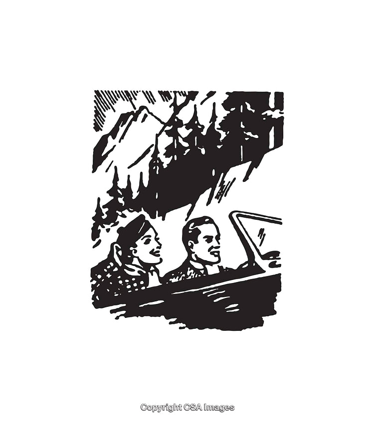 Vintage Illustration of a Couple Driving Through a Mountain Landscape