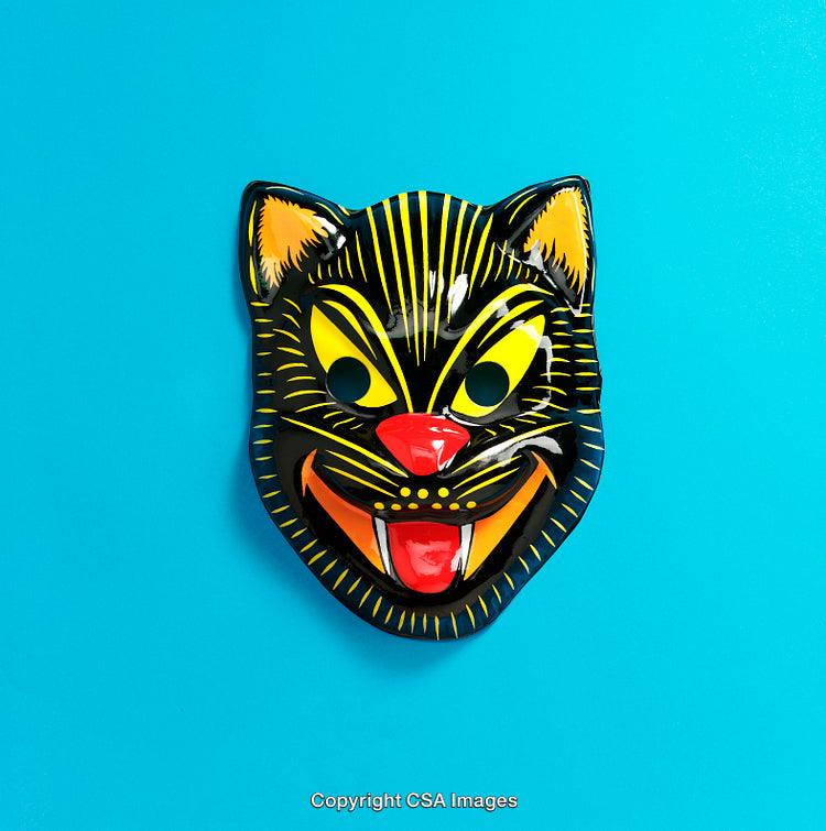 Colorful Black Cat Mask on Vibrant Blue Background
