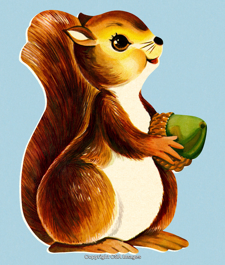 Cute Illustration of a Squirrel Holding an Acorn Against a Blue Background