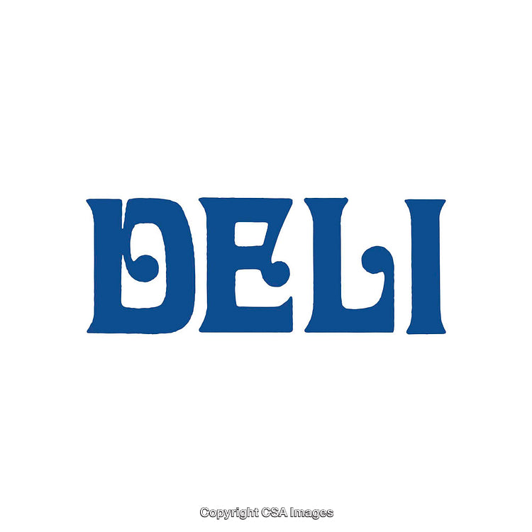 Blue Bold Lettering of the Word Deli on White Background