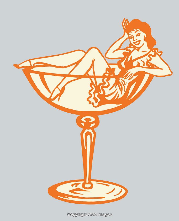 Retro Illustration of a Woman Posing in a Champagne Glass