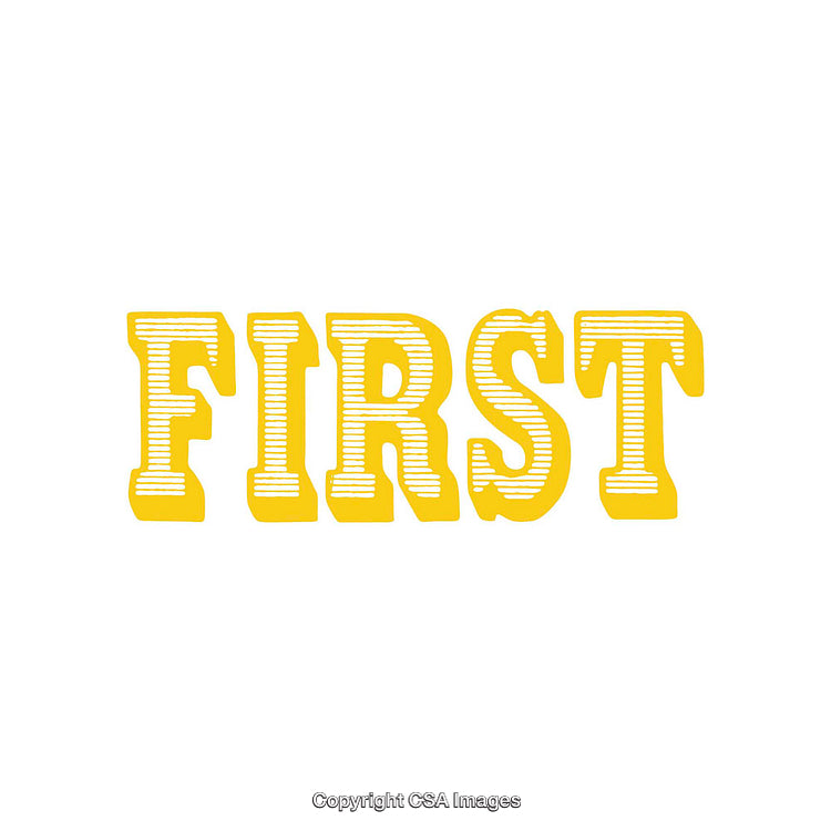 Bold Yellow FIRST Text with White Stripe Design on White Background