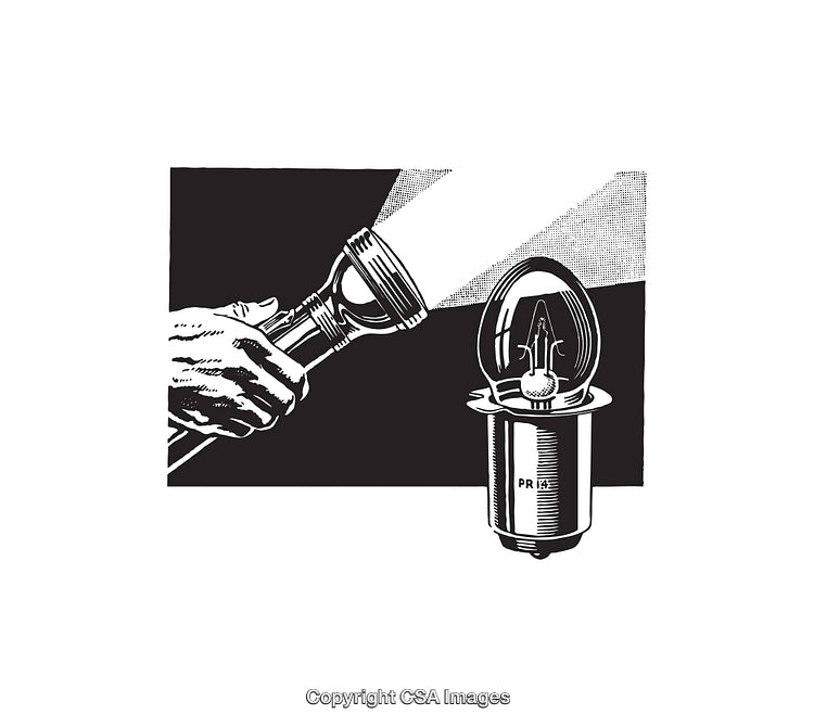 Handheld Flashlight and Light Bulb Static Black and White Illustration