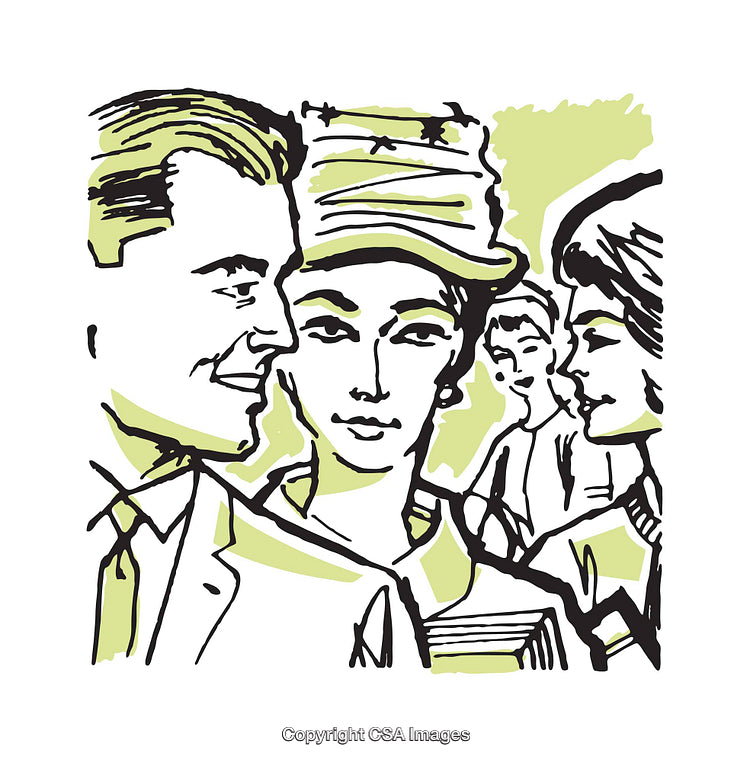 Illustration Art Depicting a Group Conversation in Retro Style with Pastel Colors
