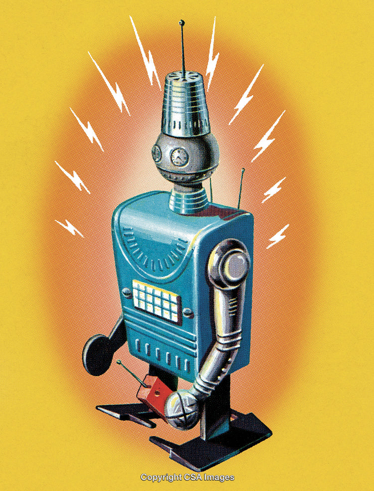 Retro Candy-Colored Robot Illustration with a Futuristic Background in Yellow Hue