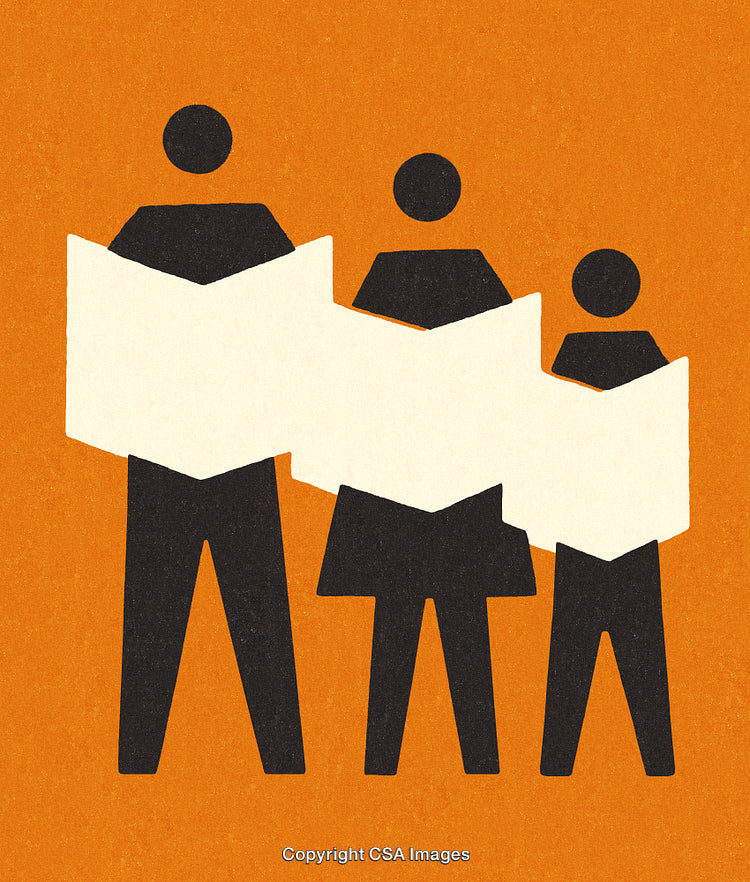 Abstract Family Reading Together on Vibrant Orange Background